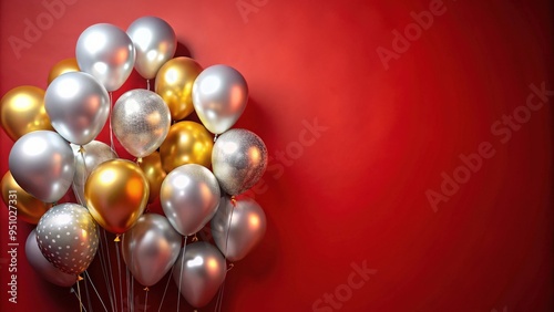 Wallpaper Mural Silver and gold balloons against red wall background for festive celebration Torontodigital.ca