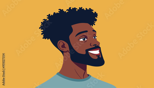 Smiling young man with curly hair and beard against a yellow background.