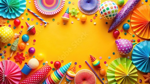 Colorful party accessories on a vibrant background top view