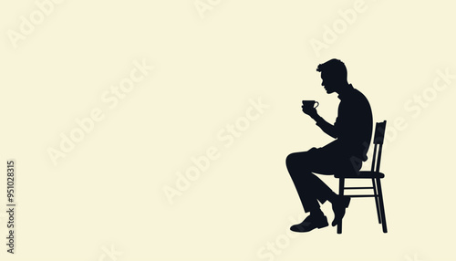 Silhouette of a man sitting on a chair and drinking coffee against a plain background.