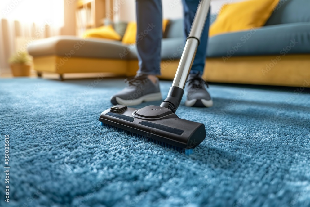 Cleaning the carpet in a cozy living room with a vacuum cleaner during the day Cleaning the carpet in a cozy living room with a vacuum cleaner during the day
