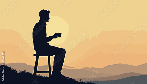 Silhouette of a man enjoying a cup of coffee while seated against a sunrise mountain backdrop.