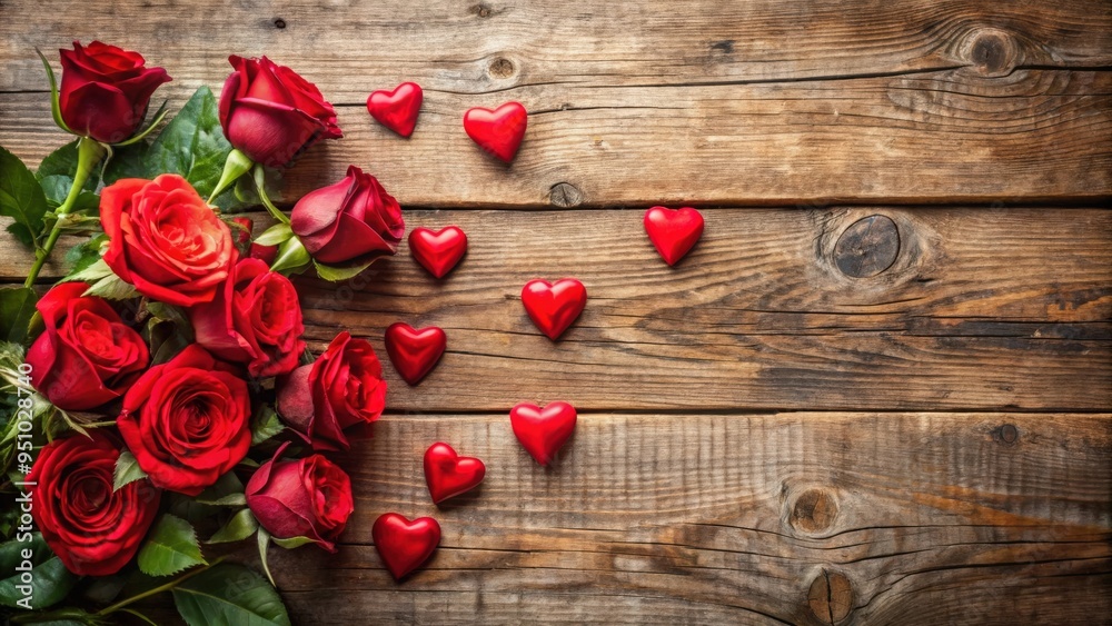 Roses and red hearts arrangement on rustic wooden background for Valentine's Day celebration Roses and red hearts arrangement on rustic wooden background for Valentine's Day celebration