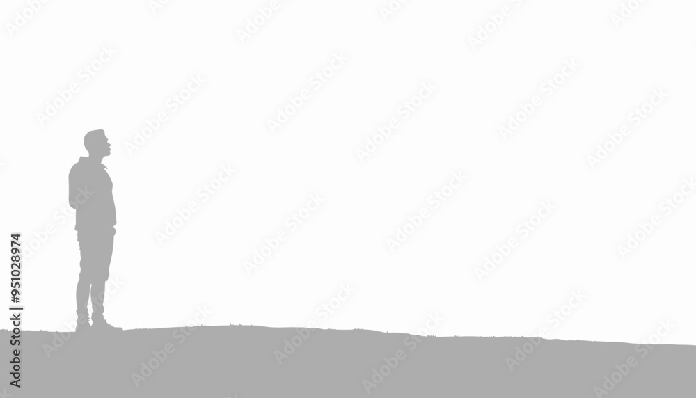 Silhouette of a man standing alone against a white background, gazing upward. Silhouette of a man standing alone against a white background, gazing upward.
