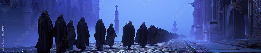 A solemn procession of Catholic monks in traditional habits walks along a cobblestone path in a European monastery, standing out against an etherial, blue-violet background.