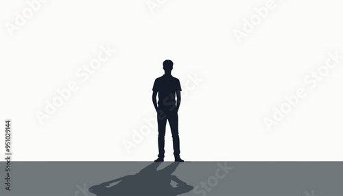Silhouette of a man standing with his fists on his hips against a plain background, casting a shadow.
