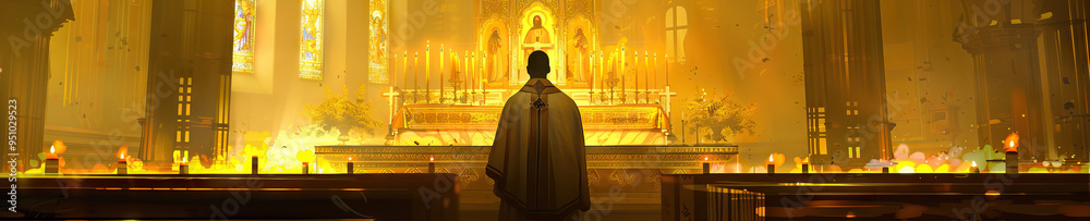 A priest wearing ceremonial robes stands before an ornate gold altar, illuminated by warm candlelight in a peaceful, yellow-hued sanctuary. A priest wearing ceremonial robes stands before an ornate gold altar, illuminated by warm candlelight in a peaceful, yellow-hued sanctuary.