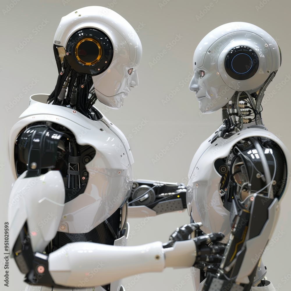 Humanoid robot engages in handshake with man to signify cooperation and partnership in a modern technology setting Humanoid robot engages in handshake with man to signify cooperation and partnership in a modern technology setting