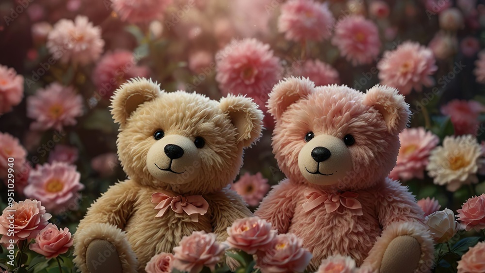 Two cute teddy bears surrounded by pink flowers a soft glow Two cute teddy bears surrounded by pink flowers a soft glow