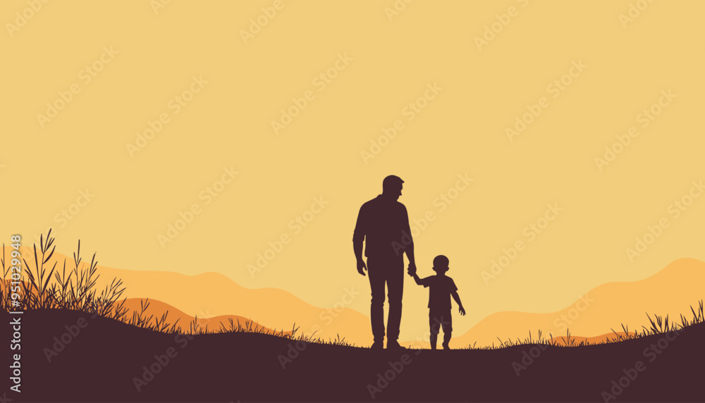 Silhouette of a man and a child holding hands against a sunset background, walking through grassy terrain. Silhouette of a man and a child holding hands against a sunset background, walking through grassy terrain.