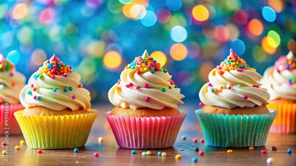 Birthday cupcakes with colorful sprinkles and frosting on a table with a bright background Birthday cupcakes with colorful sprinkles and frosting on a table with a bright background
