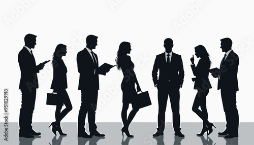 Silhouettes of business professionals interacting and working in an office setting.