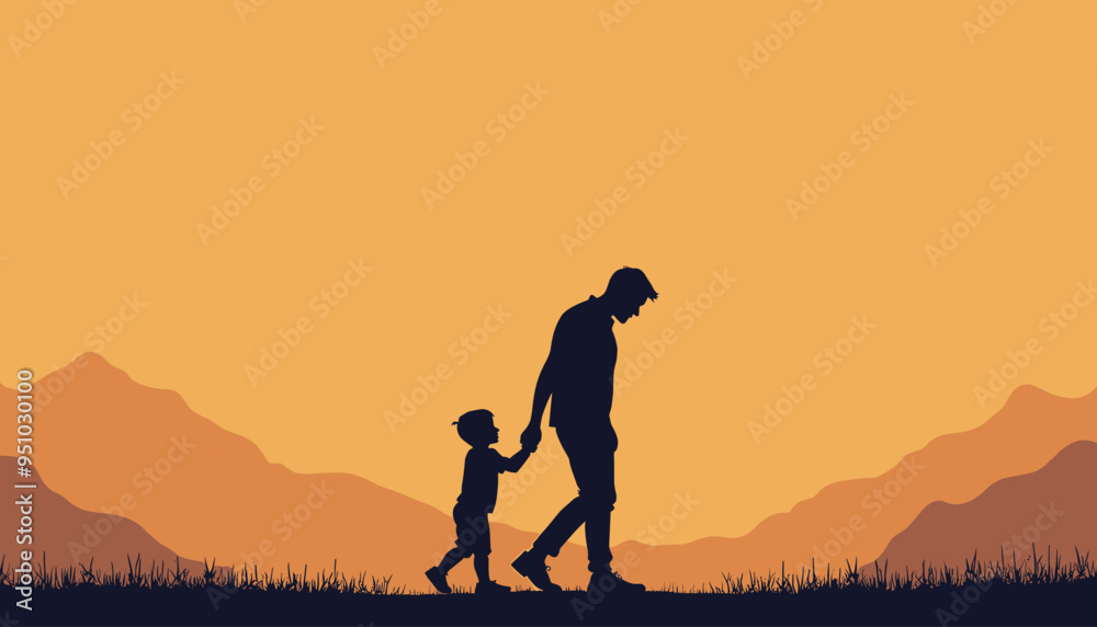 Silhouette of a man and child holding hands while walking against a mountain sunset background. Silhouette of a man and child holding hands while walking against a mountain sunset background.