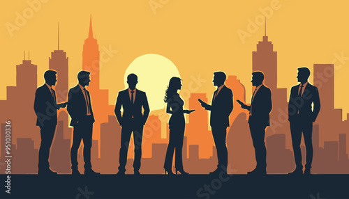 Silhouetted group of business professionals discussing against a sunset cityscape backdrop.