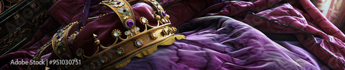 A close-up of a Catholic bishop's jeweled crown, resting on a velvet pillow, accented by deep purple and gold hues. photo