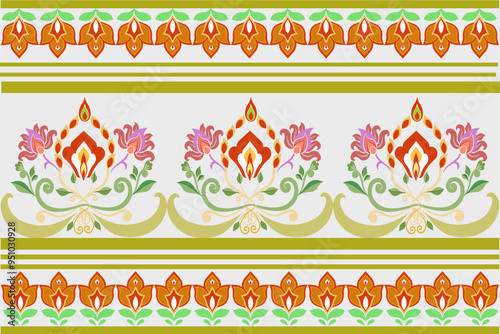 Seamless geometric pattern. Illustration of pink, green floral damask pattern with stripes. Cream background. Vector. Wallpaper border.set of patterns