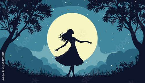 Silhouette of a woman dancing under a full moon surrounded by trees and stars in a serene night scene.