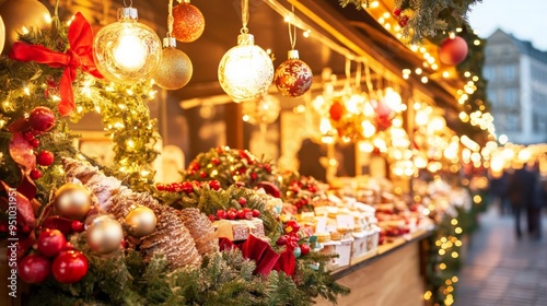 A traditional Christmas market stall selling handmade ornaments, wreaths, and holiday treats, with twinkling lights and festive decorations all around.