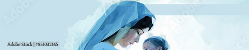 A minimalistic rendering of the Virgin Mary and baby Jesus in subtle hues of blue and white, creating an abstract yet reverent art piece.