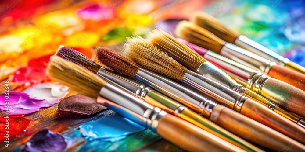 Fototapeta premium Close-up view of artistic brushes with watercolor paints in the background