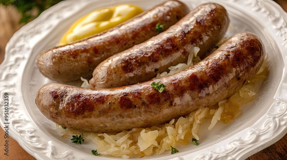 A hearty German bratwurst, served with sauerkraut and mustard. A hearty German bratwurst, served with sauerkraut and mustard.