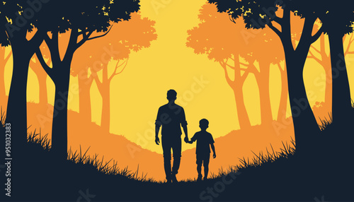 Silhouette of a man and a child holding hands, walking in a forest at sunset.