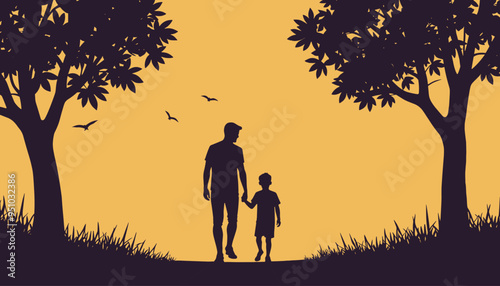 Silhouette of father and child walking hand in hand under trees at sunset.