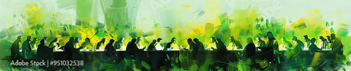 A modern interpretation of the Last Supper using bold brushstrokes in shades of green and yellow, adding a contemporary twist to the traditional subject matter. photo