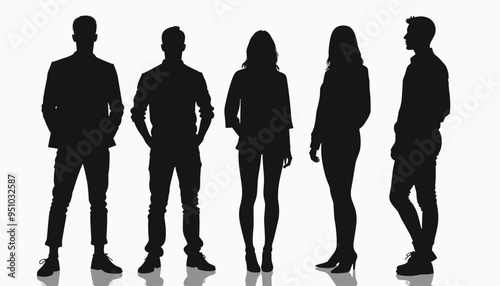 Silhouettes of men and women standing in various poses against a light background.