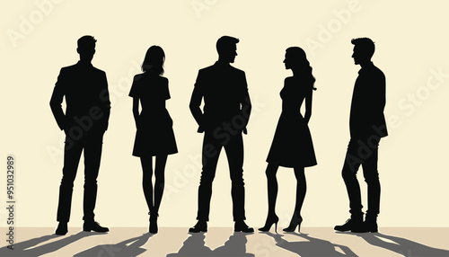 Silhouettes of five well-dressed individuals standing confidently against a light background.
