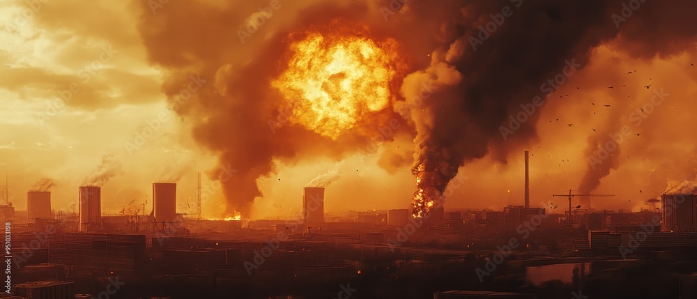 Obraz premium Fiery Explosion in Urban Landscape