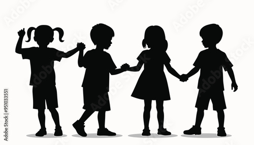 Silhouette of four young children holding hands and playing together.