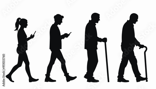 Silhouettes of individuals progressing through different life stages from youth to old age.