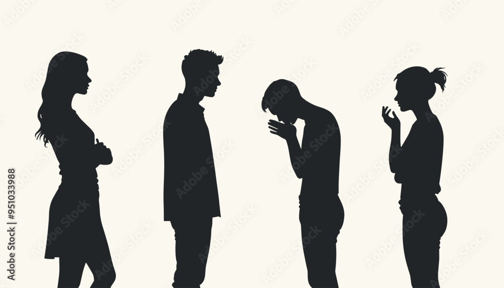 Silhouettes of four people engaged in a serious discussion, one person appears distressed. Silhouettes of four people engaged in a serious discussion, one person appears distressed.