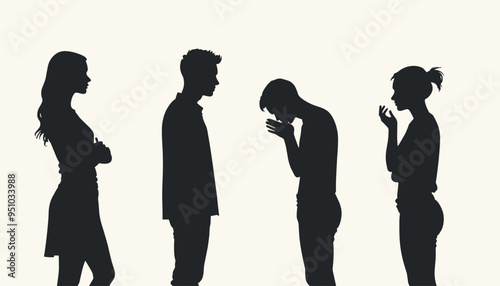 Silhouettes of four people engaged in a serious discussion, one person appears distressed.