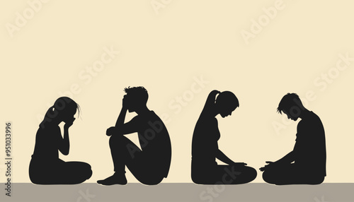 Silhouettes of young individuals sitting in contemplation, conveying a mood of reflection and introspection.