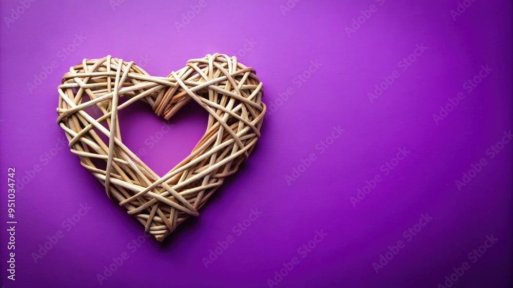Fototapeta premium Wicker valentine heart on purple background with st valentine's day copy space