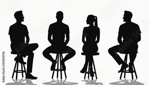 Silhouetted group of three men and one woman sitting on stools, engaging in conversation.