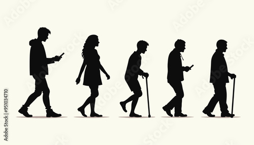 Silhouettes of people at different life stages from youth to senior age, each holding a smartphone.