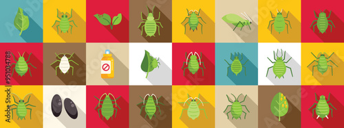 Aphid icons set. Colorful icon set featuring aphids in various life stages, leaves, and insecticide spray