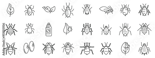Aphid icons set. Set of simple outline icons showing different types of garden parasites bugs and insecticides for plants