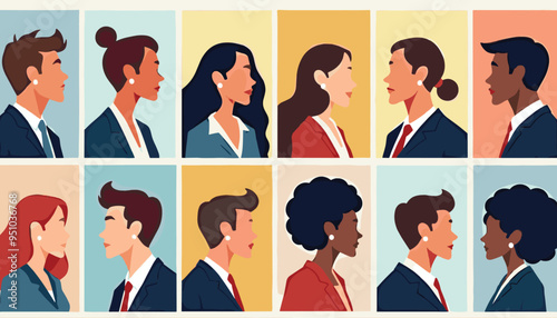 Illustration of diverse professionals in profile view, emphasizing inclusivity and teamwork.