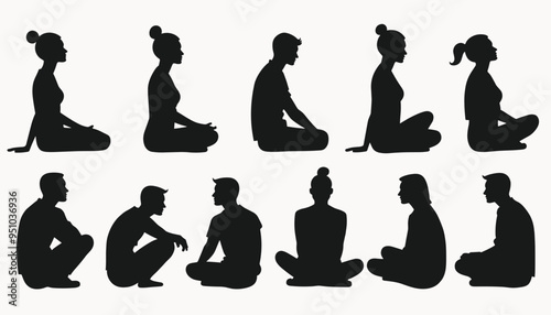 Silhouettes of diverse individuals meditating and engaging in conversation against a white background.