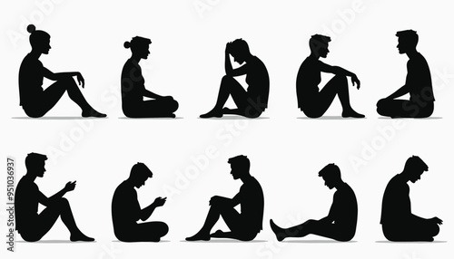 Silhouettes of a woman and man sitting, contemplating, and using their phones against a plain background.