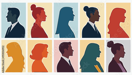 Illustration of diverse professionals in side profile showcasing variety in gender, ethnicity, and hairstyle.