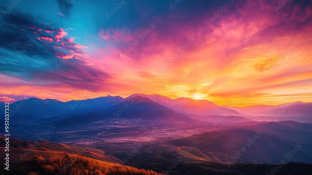 Fototapeta premium Evening sunset with vibrant hues over distant mountains