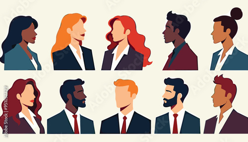 Diverse group of business professionals in flat design illustrations.