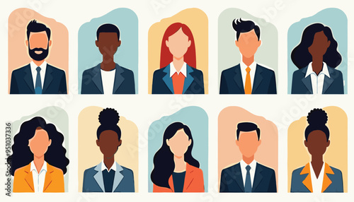Diverse group of business professionals illustrated in modern flat design.