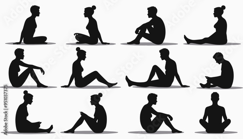 Silhouettes of men and women in various seated poses against a plain background.
