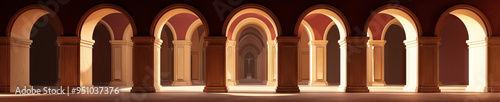 Abstract arches of maroon and gold highlight the quiet serenity of a European chapel.